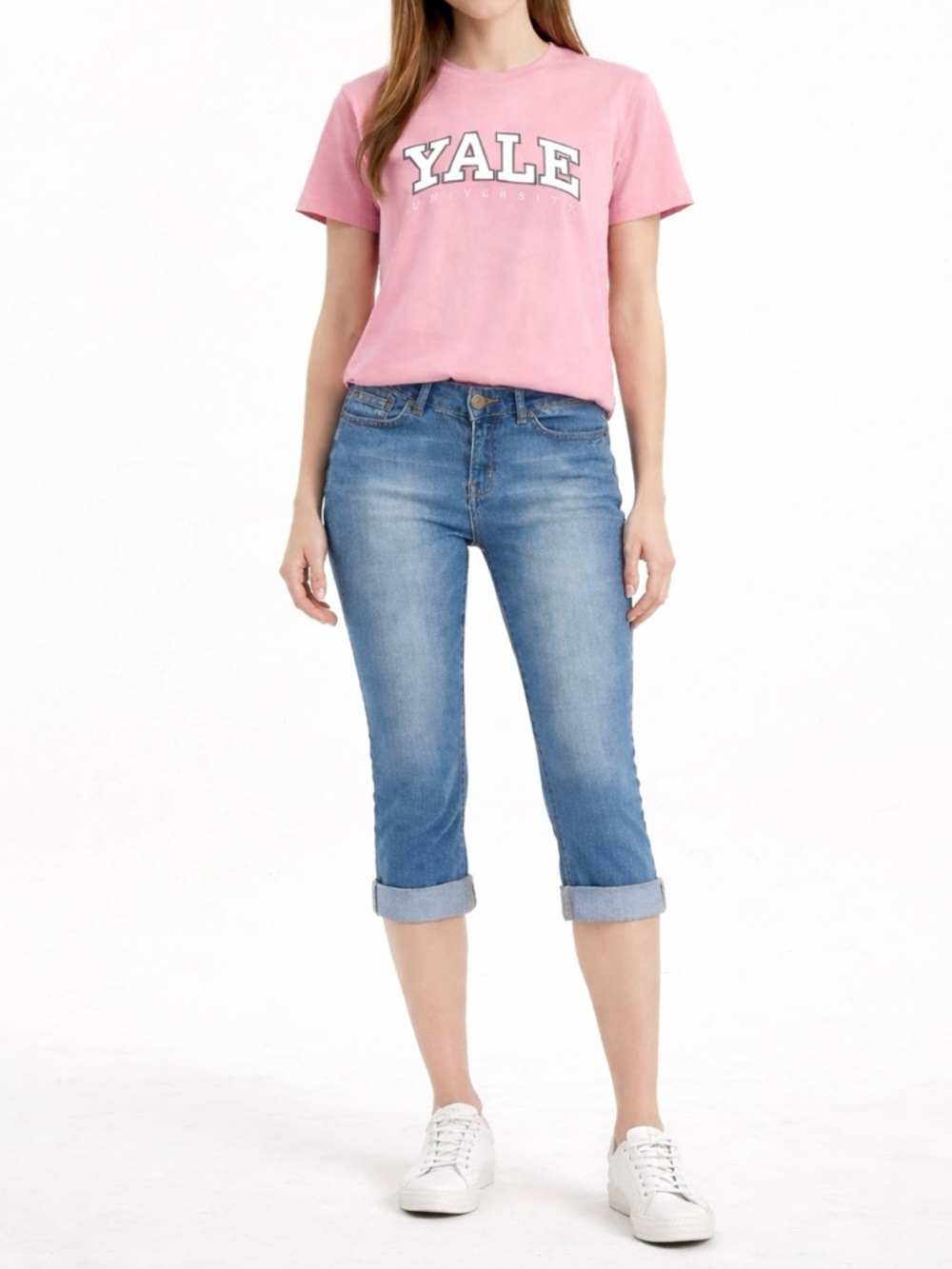 H&M Pink Yale Graphic Tee + Indigo Rein Capri Jeans Set | S | Casual Outfit